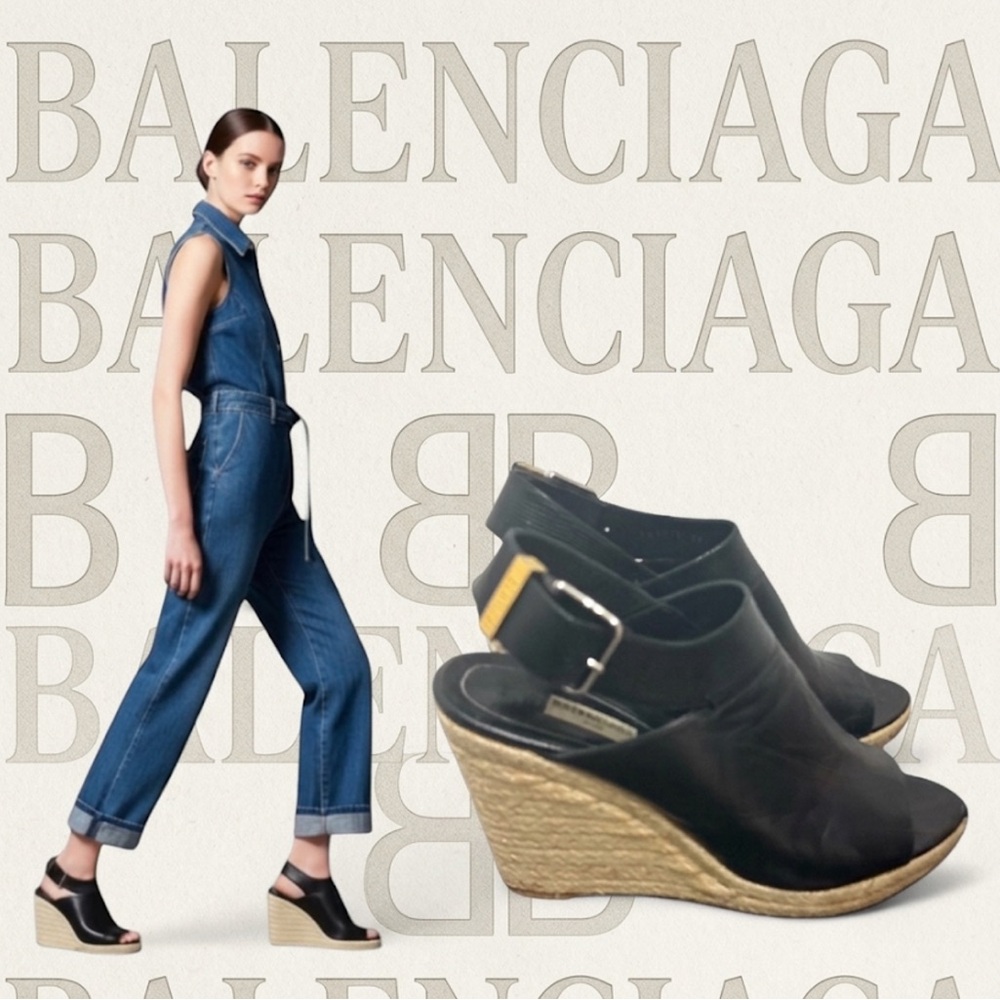 Authentic Balenciaga luxury designer black leather wedges sandals espadrilles 9